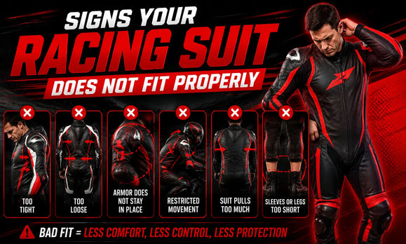 Alt text: Diagram showing six signs a racing suit does not fit properly: too tight, too loose, armor displacement, restricted movement, suit pulls, and sleeves or legs too short.