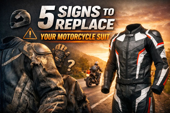 Comparison of torn, worn motorcycle suit and new protective gear on a road at sunset with rider in background.