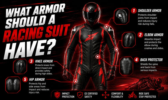 Diagram of a motorcycle racing suit highlighting five armor areas: shoulder, elbow, knee, back protector, and hip for impact protection and safety.