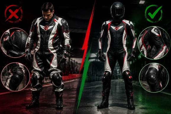Motorcycle rider comparison showing poor fit gear on left with slack and wrinkles, versus proper fitting suit with smooth armor fit on right.