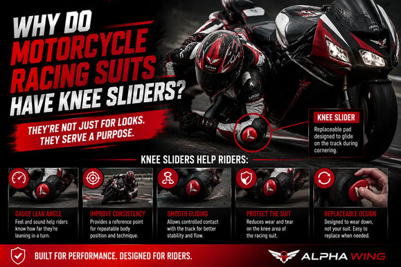 Motorcycle racing suits have knee sliders—replaceable pads that help gauge lean, improve consistency, enable smooth gliding, protect suits, and are easy to replace.