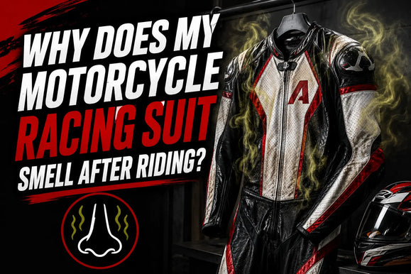Motorcycle racing suit hanging with odor lines, helmet beside it, and text asking why the suit smells after riding.
