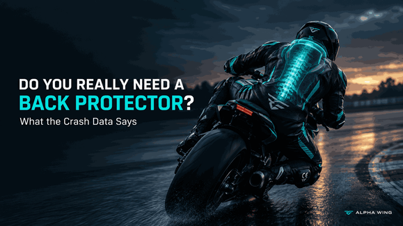 Motorcycle racer in a leather racing suit leaning into a corner, with a highlighted back protector and the title Do You Really Need a Back Protector?