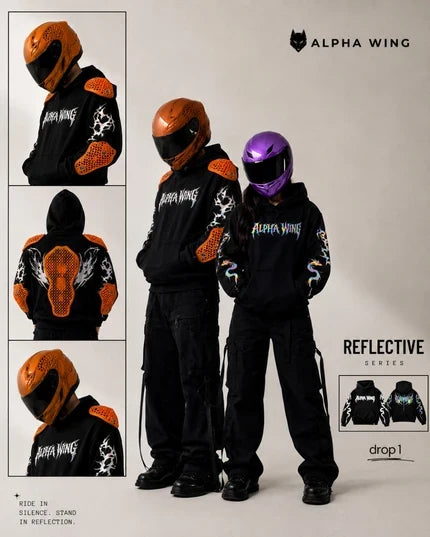 Rider wearing Alpha Wing armored motorcycle hoodie with Kevlar lining and CE armor