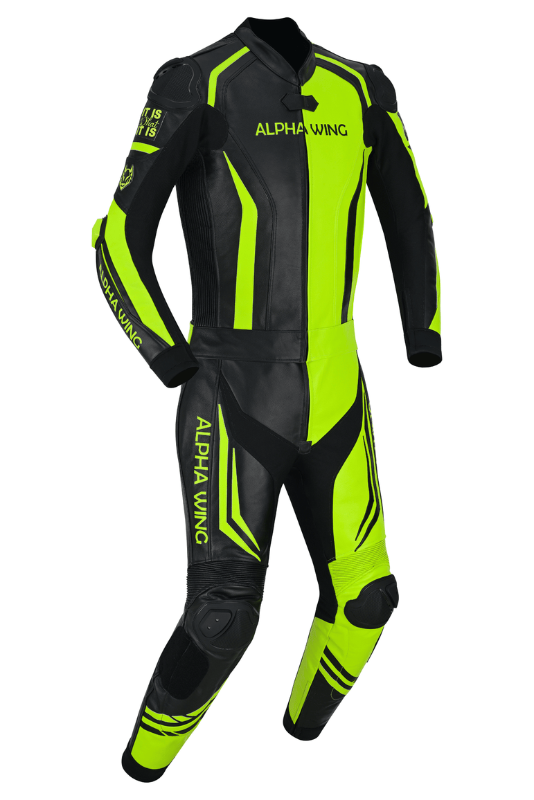 A full-body motorcycle racing suit in black and high-visibility neon yellow-green, featuring the brand name 'ALPHA WING' printed on the chest and down the leg, shown against a plain white background.