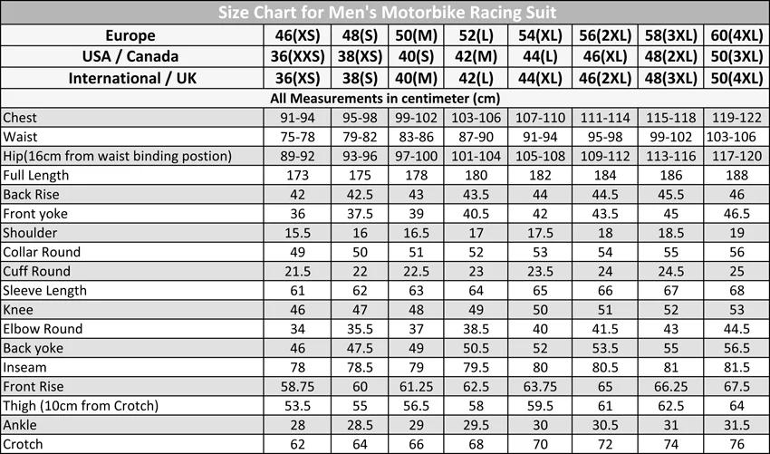 Racing suits size chart