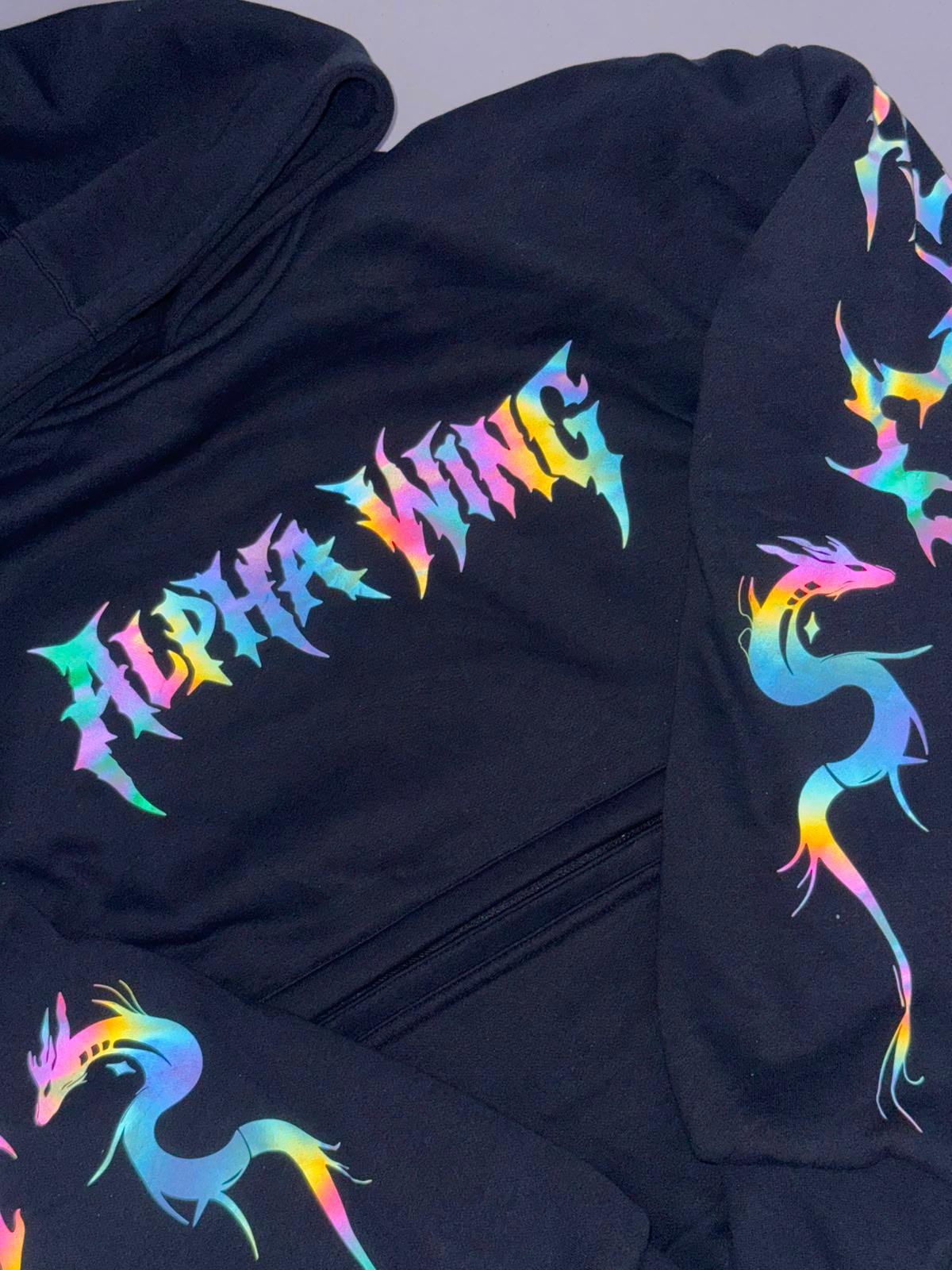 Alpha Wing holographic chest print close-up