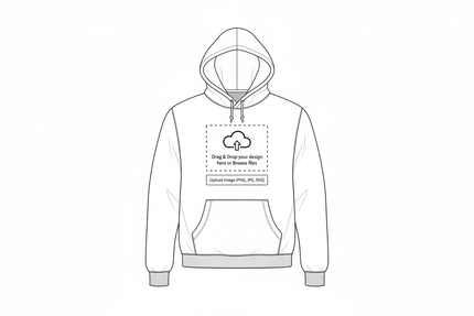 A clean, black-and-white technical vector line drawing of a hoodie on a white background. The drawing features precise computer-generated lines with no shading or pencil texture. On the chest is a dashed rectangular outline containing a cloud upload icon with an arrow, the text "Drag & Drop your design here or Browse files", and below it, a button with the text "Upload image (PNG, JPG, SVG)".