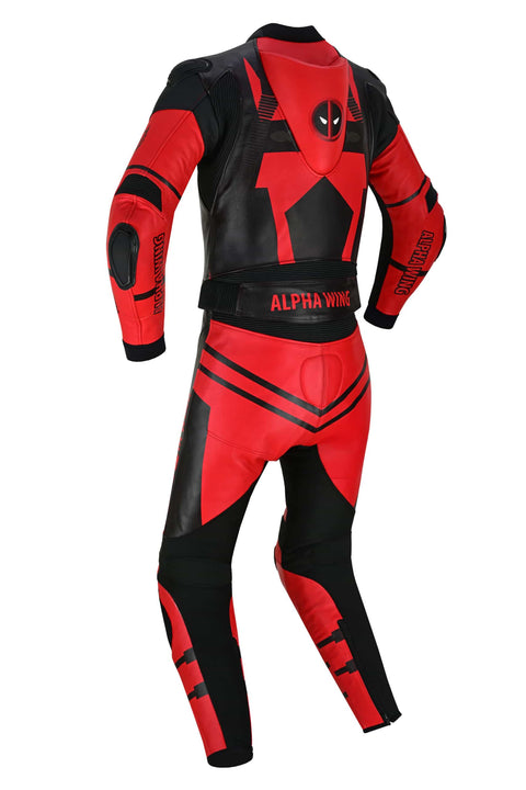 Back view of red and black Deadpool leather racing suit with bold graphics