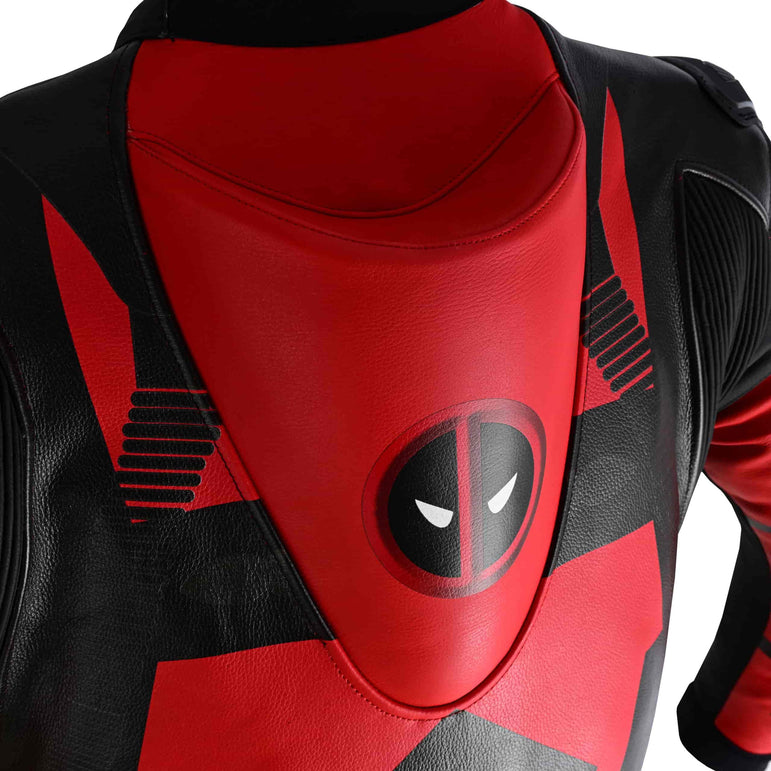 Side profile of Deadpool two-piece motorcycle racing suit showing stretch panels