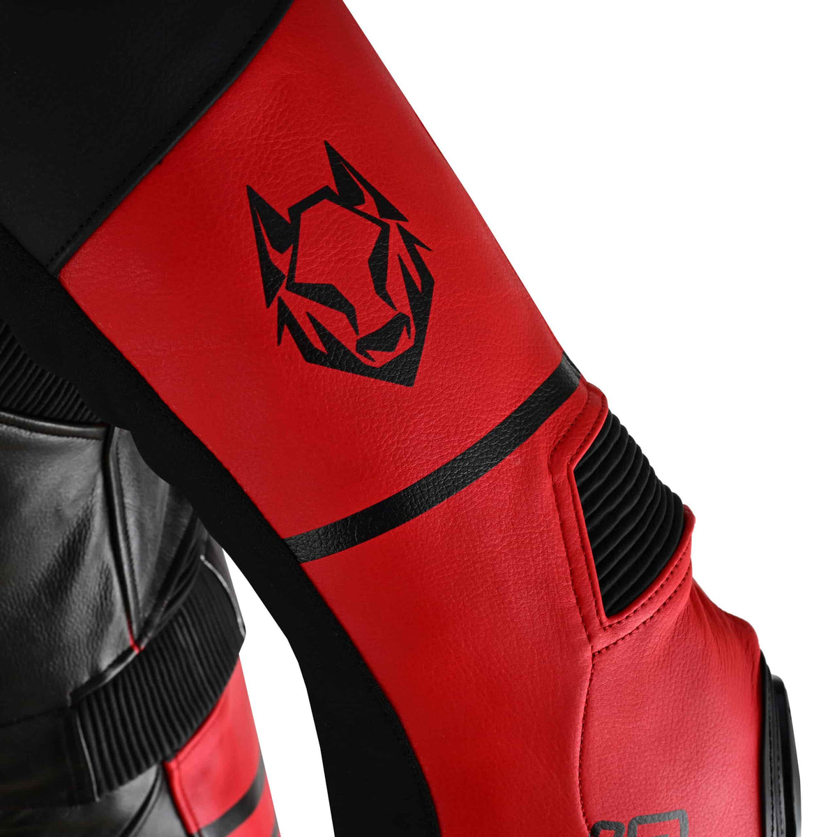 CE Level 2 armor at shoulder and elbow of red and black Deadpool leather suit