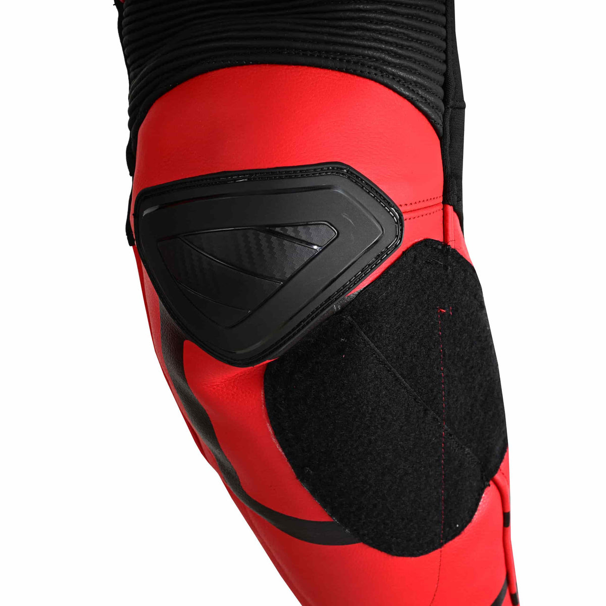 Knee slider and stretch panel detail on Deadpool leather motorcycle pants