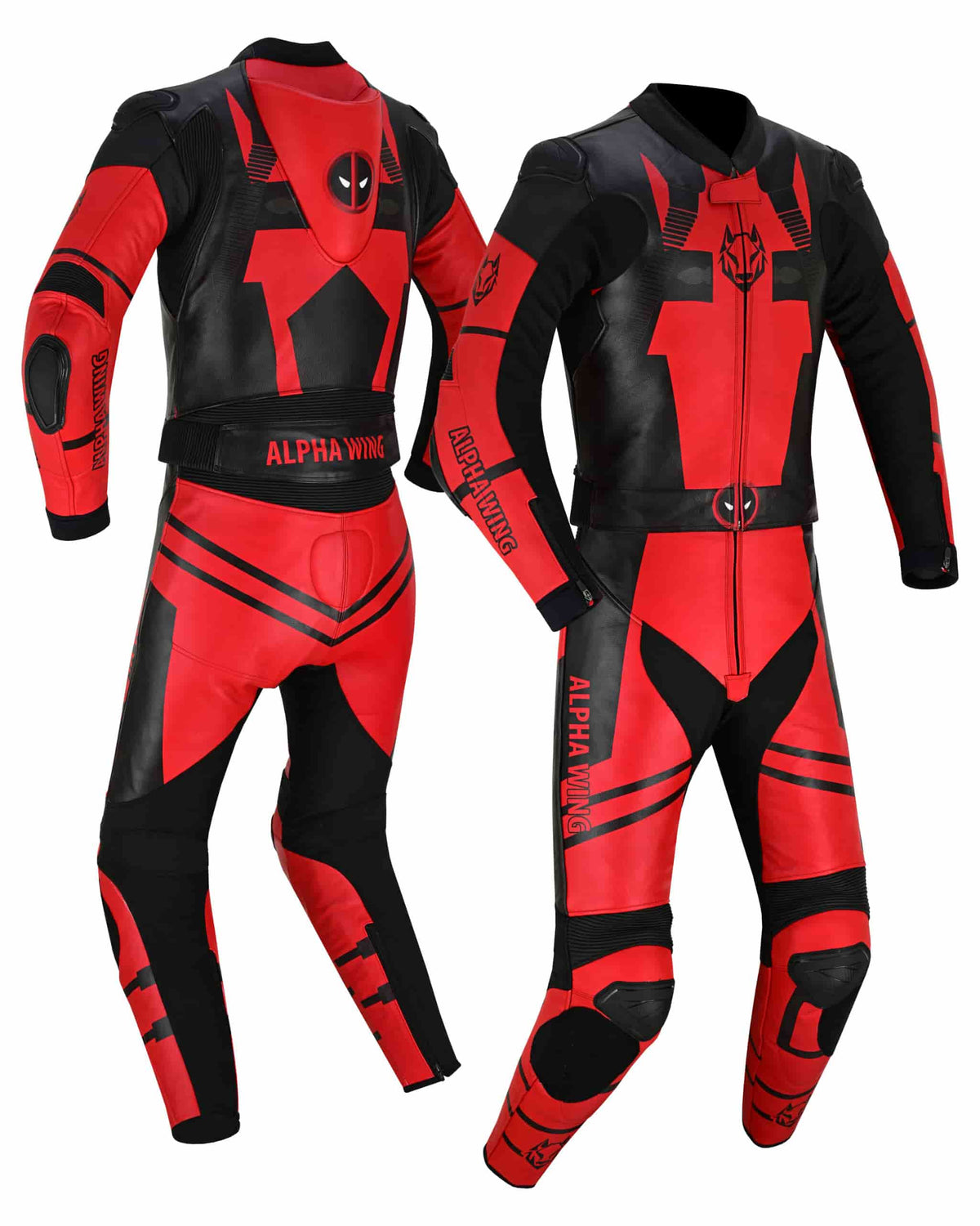 Two views of a red and black full-body motorcycle racing suit with Deadpool-themed graphics, including a large number 1 on the chest, a Deadpool mask emblem, and 'ALPHA WING' text on the waist and arm.