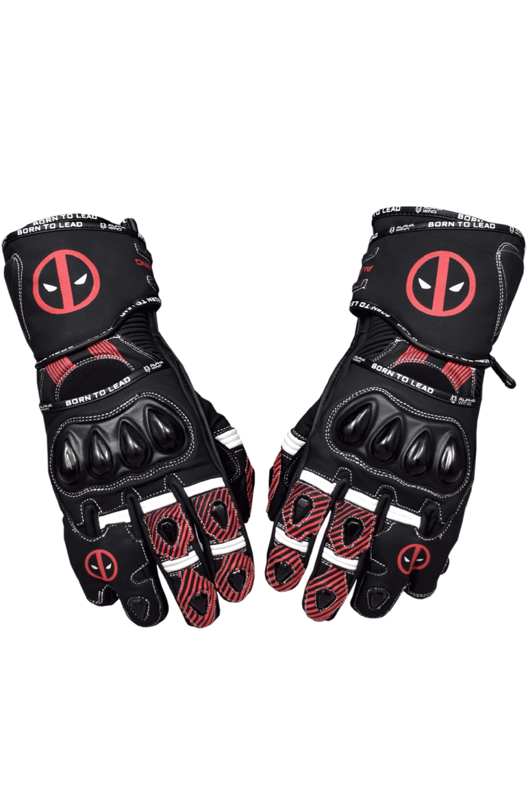 A pair of black and red motorcycle gloves featuring Deadpool logos and graphics, displayed against a plain white background.