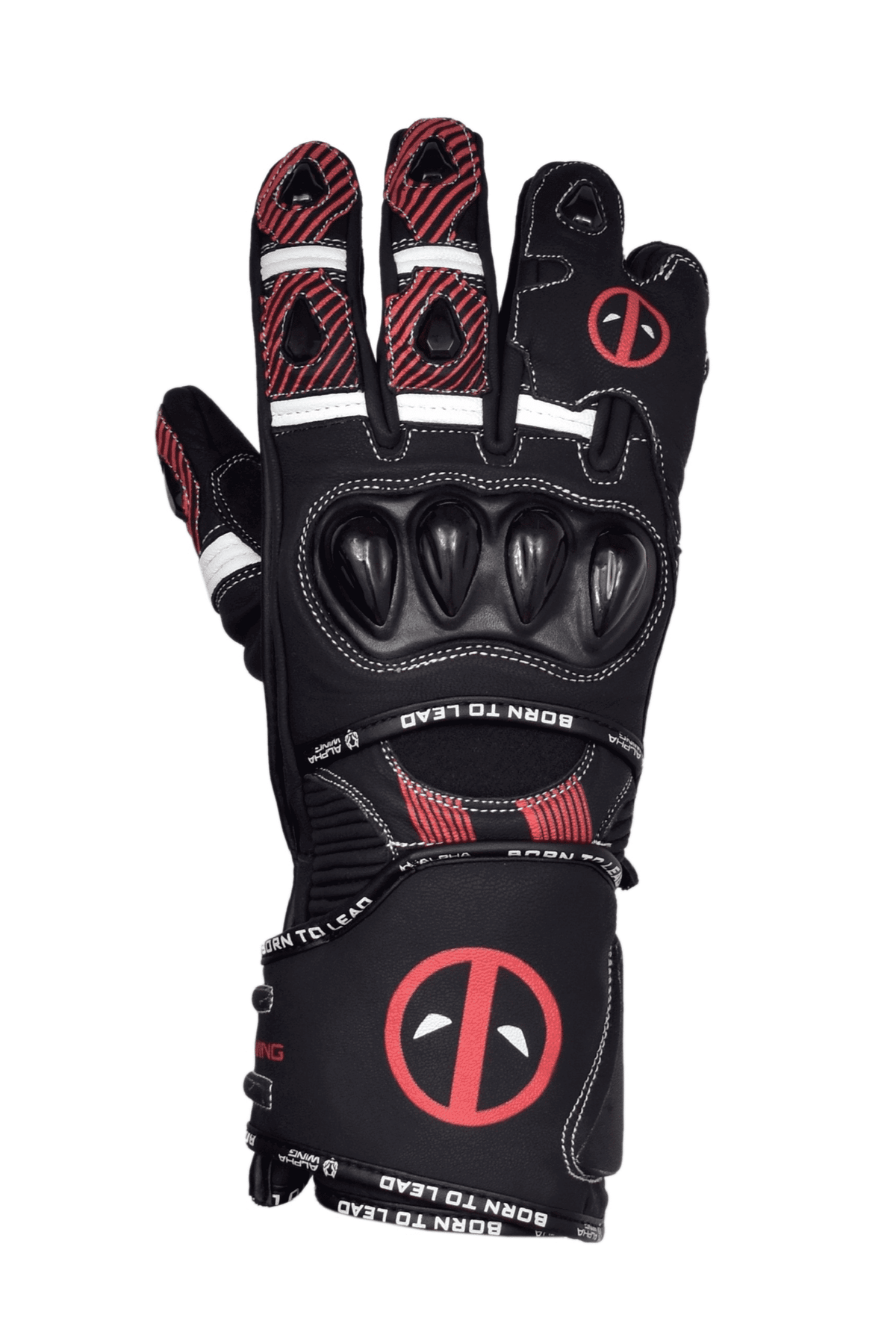 A single black motorcycle glove with red and white accents, featuring the Deadpool logo on the back of the hand and wrist, set against a plain white background.
