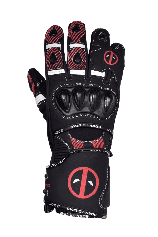 A single black motorcycle glove with red and white accents, featuring the Deadpool logo on the back of the hand and wrist, set against a plain white background.