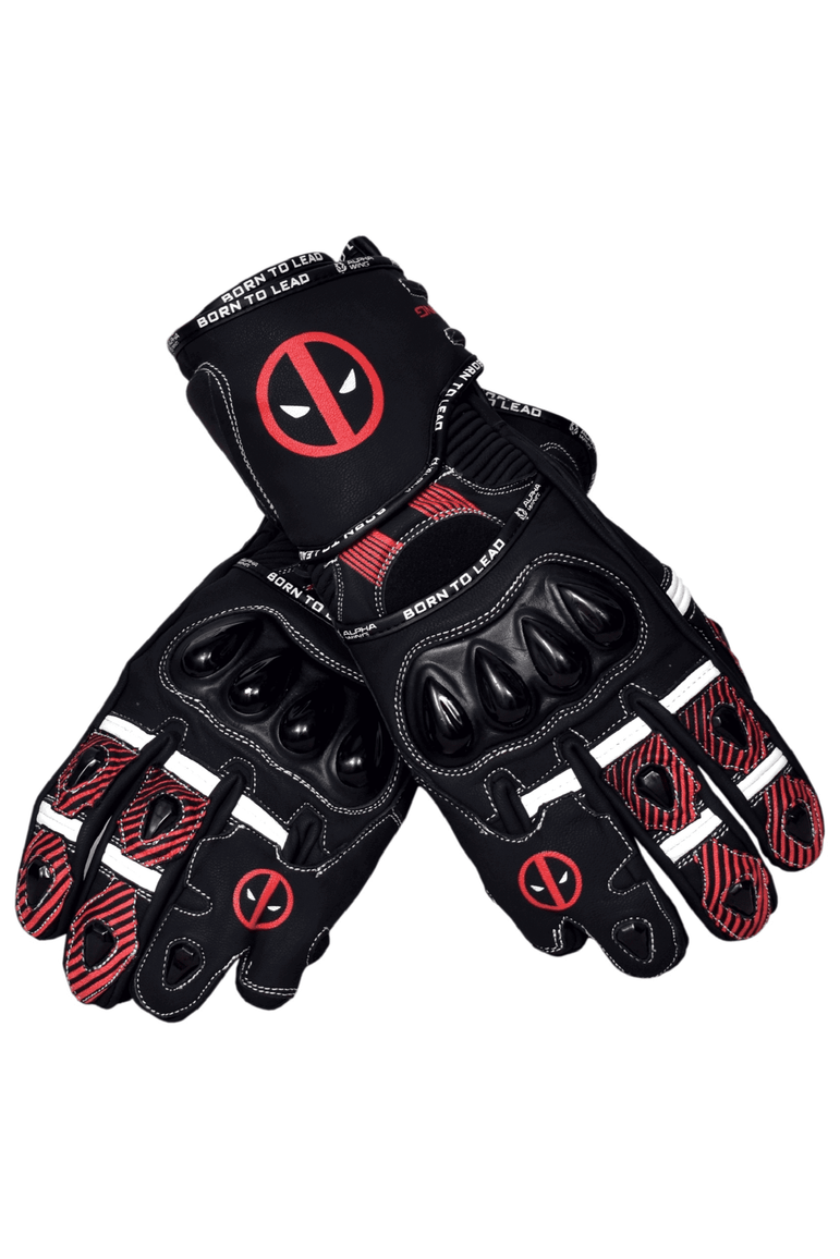 A pair of black protective gloves featuring red and white Deadpool-themed graphics, including the Deadpool logo on the back of the hand and wrist strap.