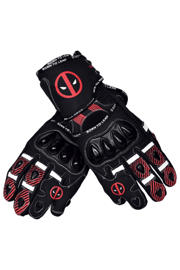 A pair of black protective gloves featuring red and white Deadpool-themed graphics, including the Deadpool logo on the back of the hand and wrist strap.