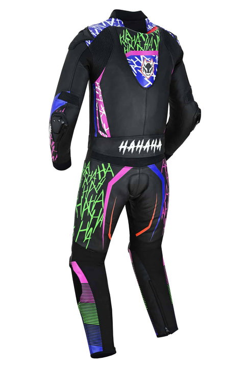 Back view of purple and green Joker leather motorcycle racing suit with CE Level 2 back protector