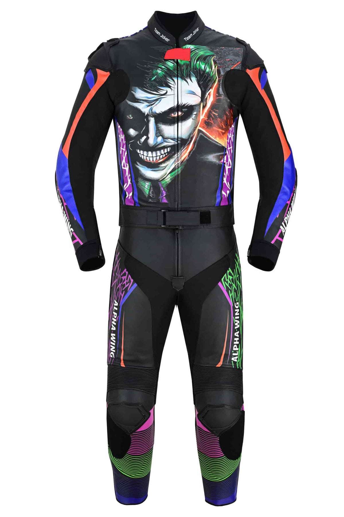 Close-up of Joker-themed graphics on purple and green two-piece leather racing jacket