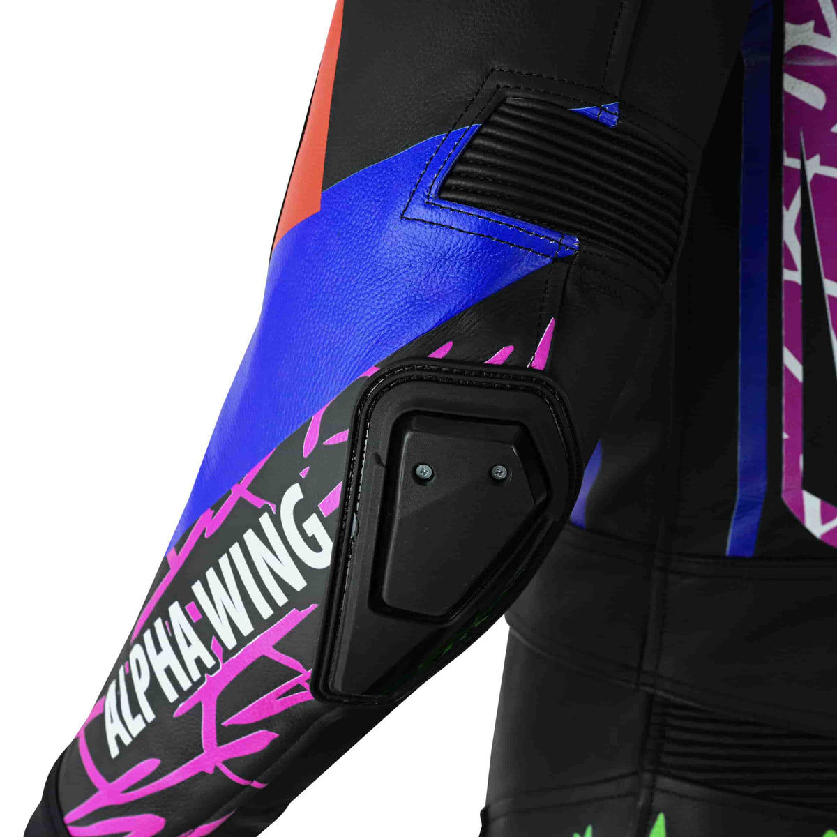 Joker racing leather pants with knee armor and reinforced panels, purple and green design
