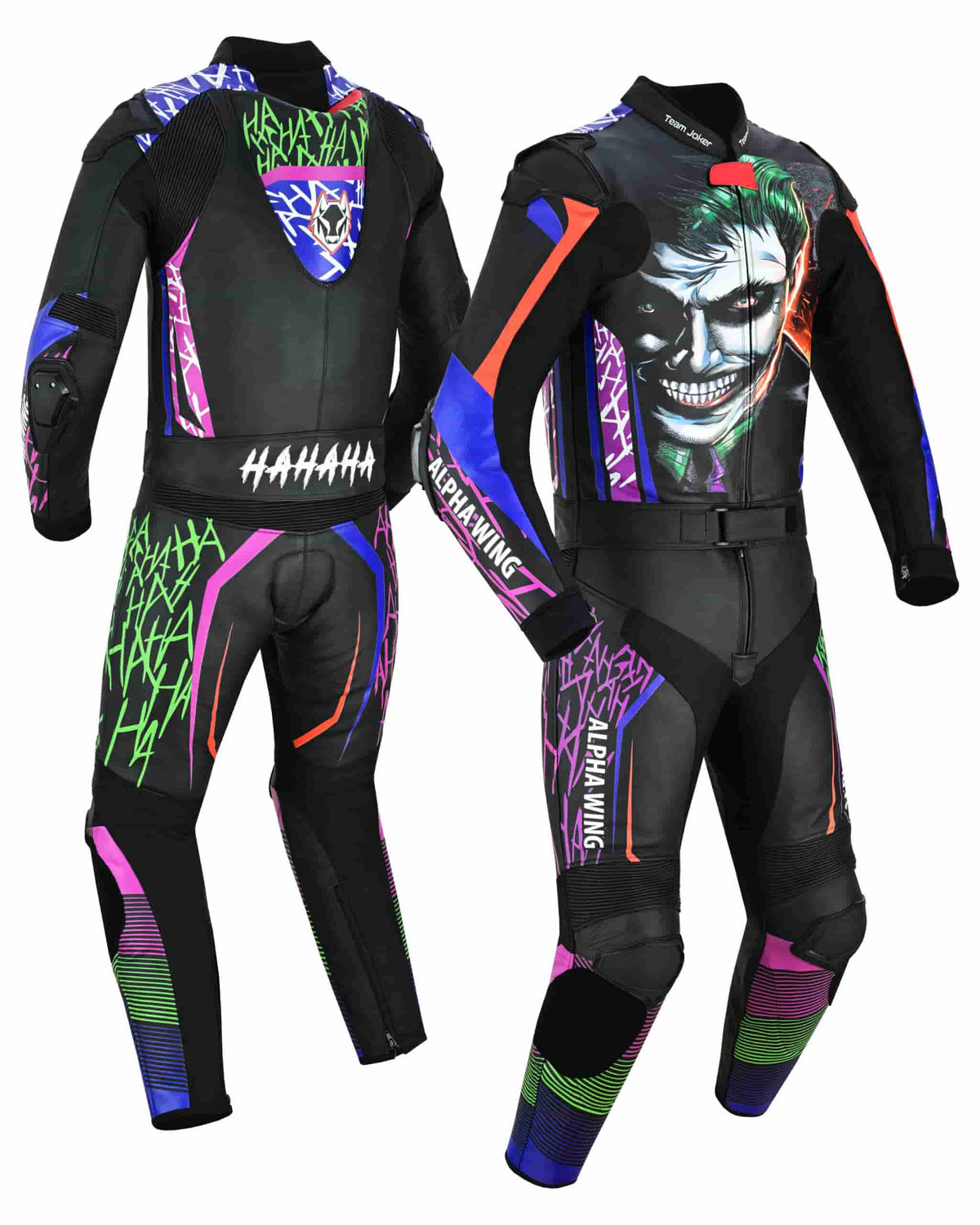 A black full-body racing suit shown from the front and back, featuring a large Joker face graphic on the chest, neon green and purple abstract patterns, and the text 'HAHAHA' on the back waistband and 'ALPHA WING' on the sleeve.