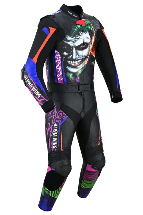 Joker motorcycle leather suit, 2-piece purple and green CE-certified racing suit, front view