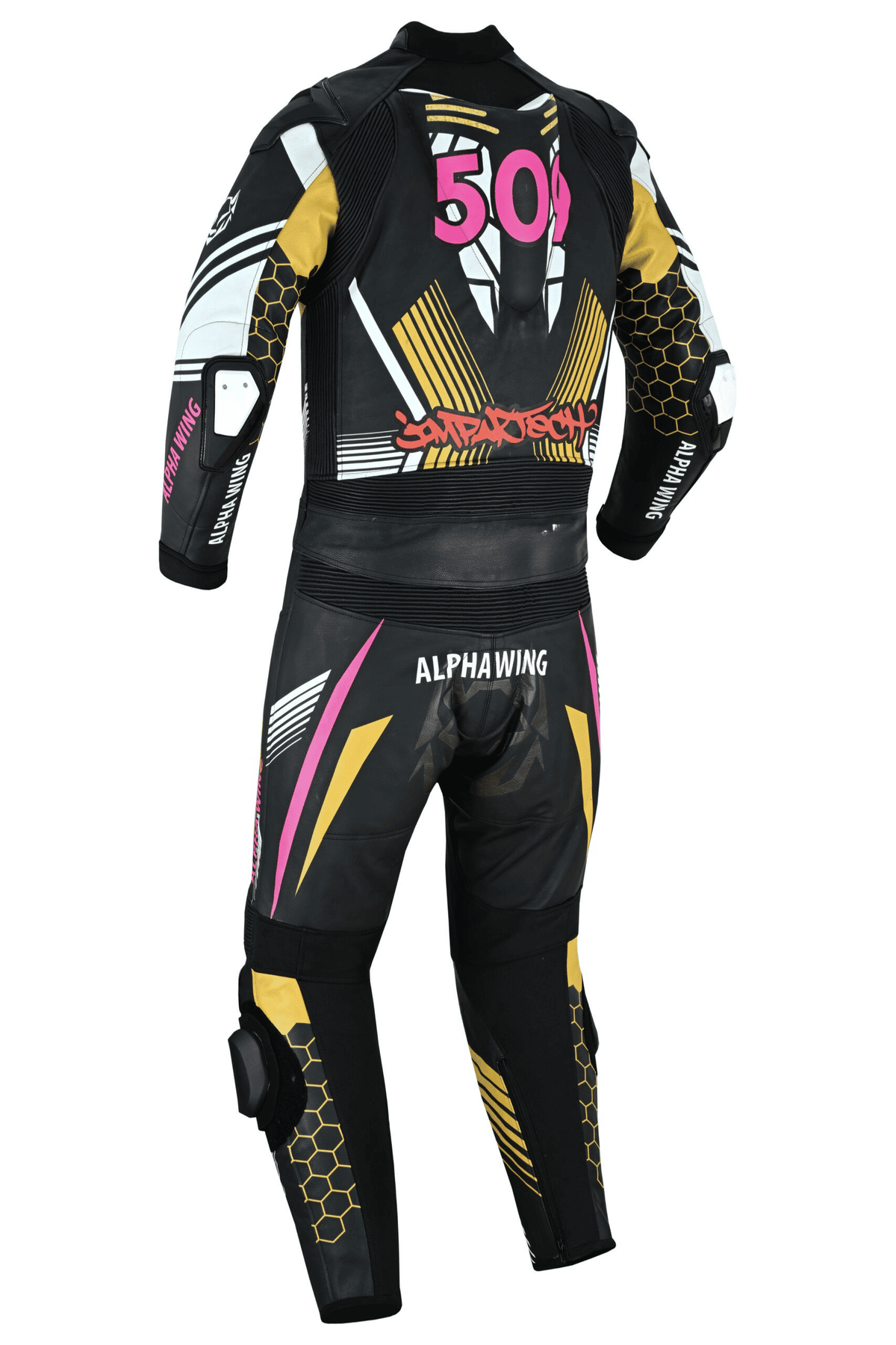 Back view of Kawasaki ZX6R racing suit with bike-matching graphics