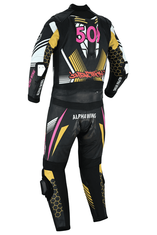 Back view of Kawasaki ZX6R racing suit with bike-matching graphics