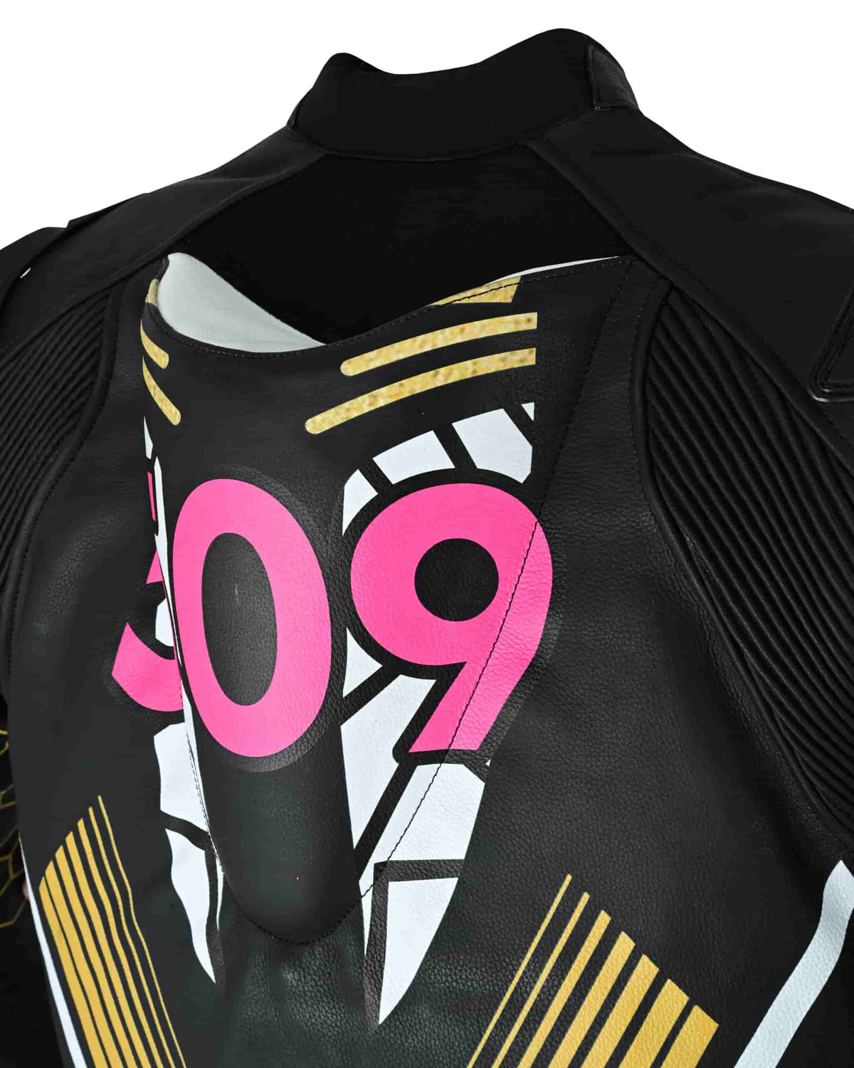 Close-up of Kawasaki ZX6R motorcycle suit jacket with perforated vented panels