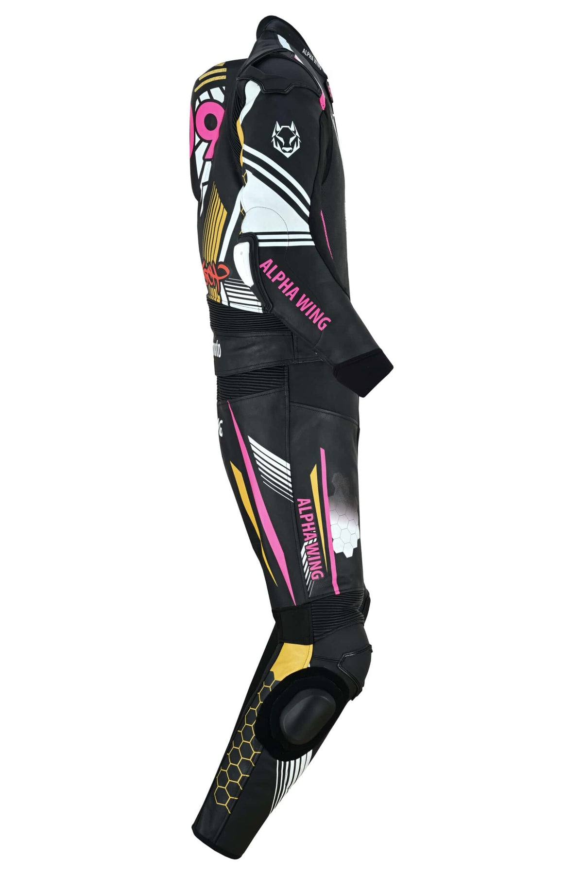 Side profile of Kawasaki ZX6R leather bike suit showing ergonomic sport fit