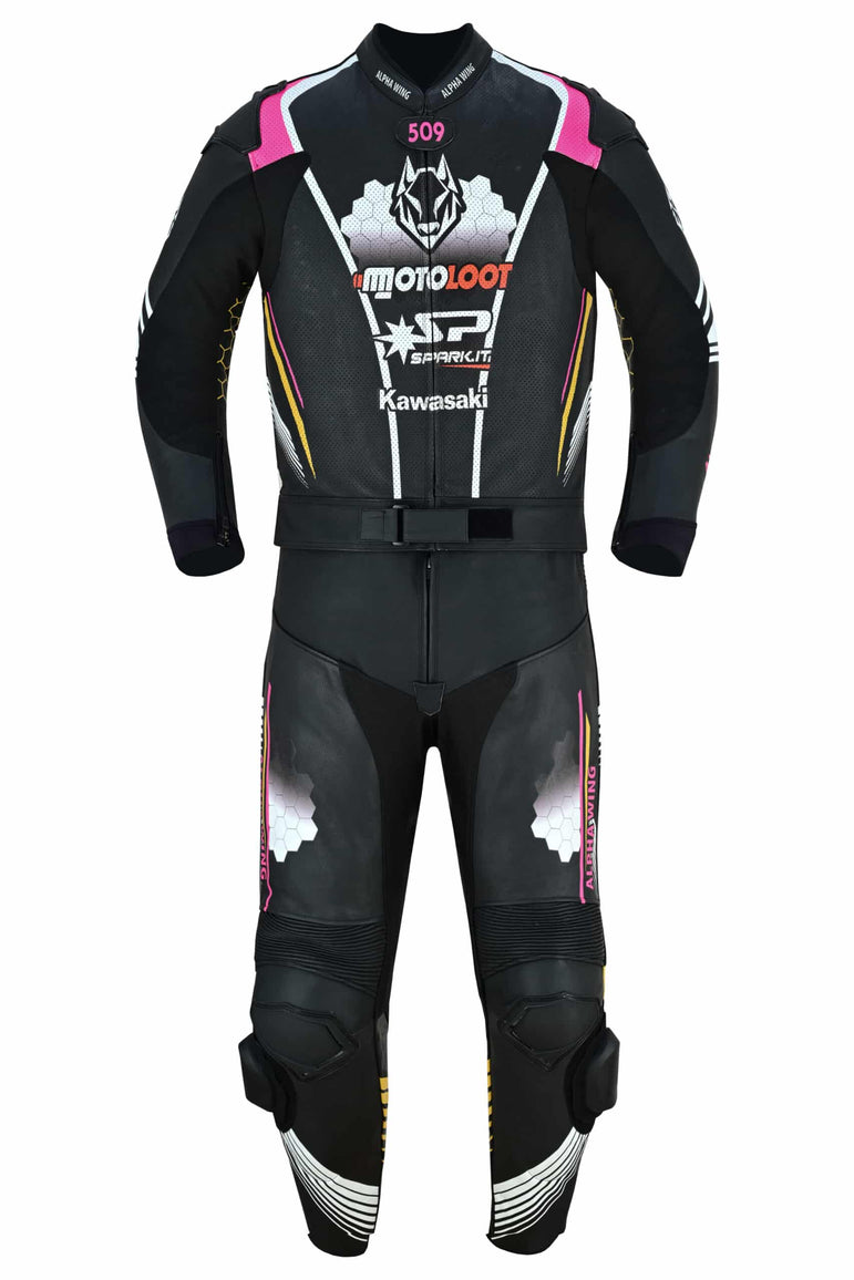 Kawasaki leather motorcycle suit with CE armor at shoulders and elbows