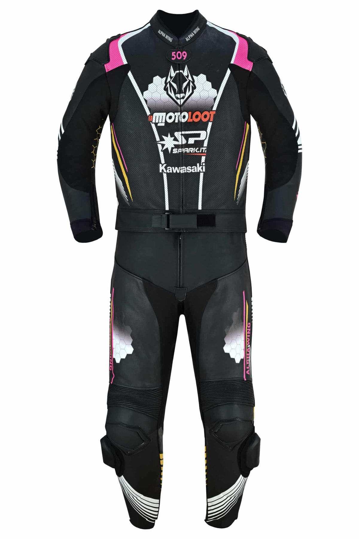 Kawasaki leather motorcycle suit with CE armor at shoulders and elbows