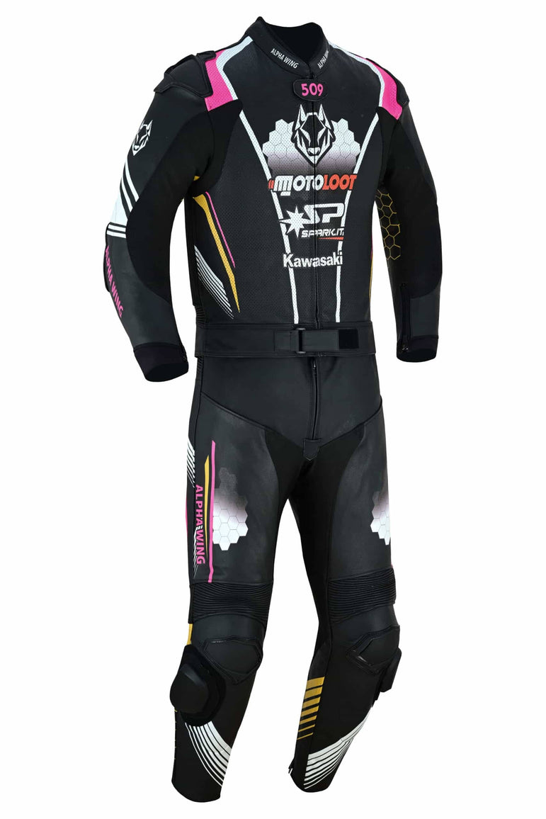 Kawasaki ZX6R 2 piece leather motorcycle suit in green and black, front view