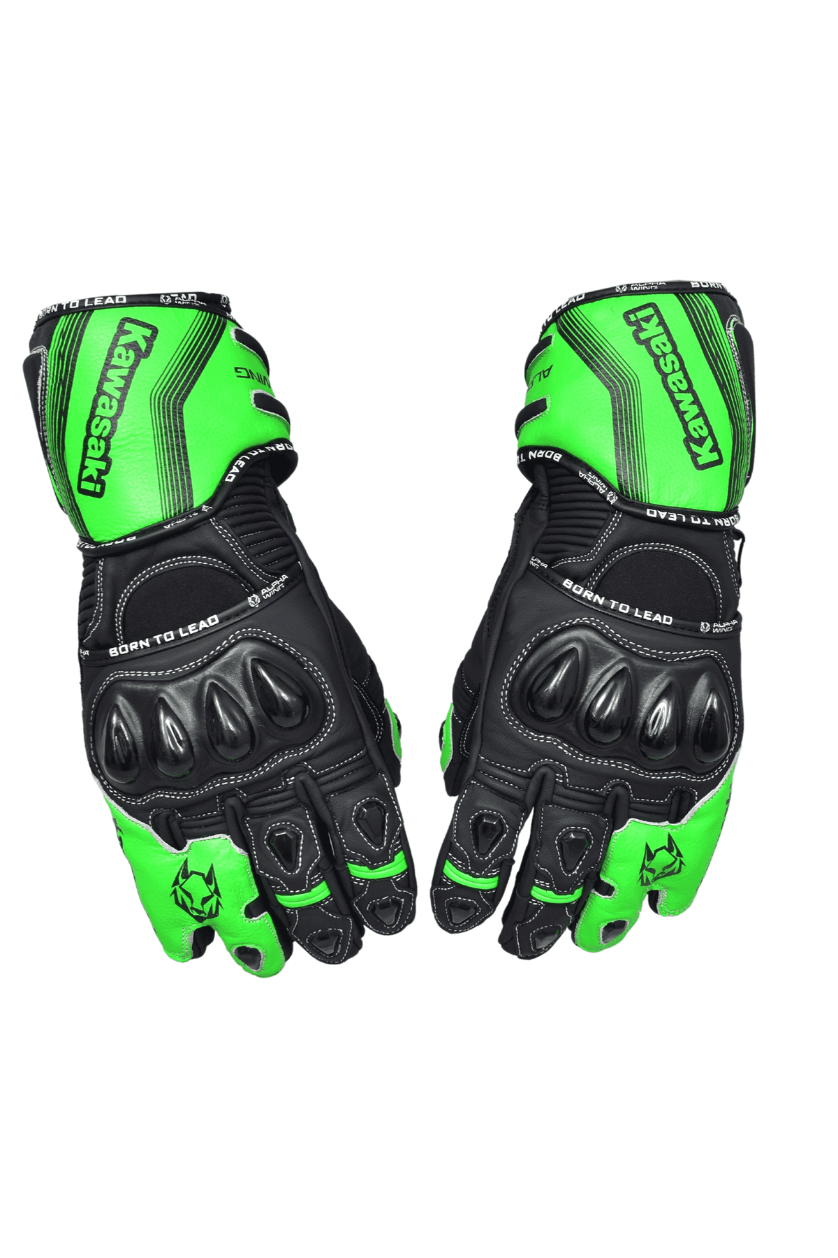 A pair of black and neon green full-finger gloves with protective knuckle guards and the brand name 'kawasaki' printed on the back, displayed against a plain white background.