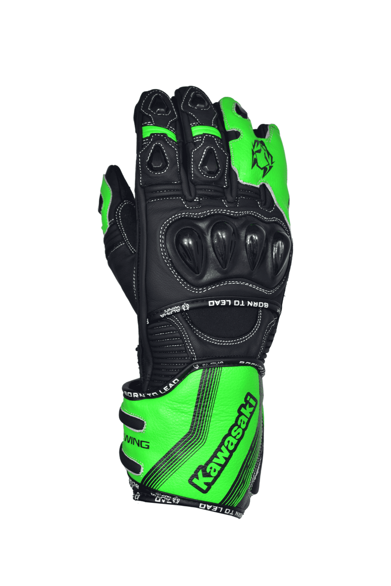 A single black and neon green motorcycle riding glove with protective knuckle guards and the Kawasaki logo, shown against a plain white background.