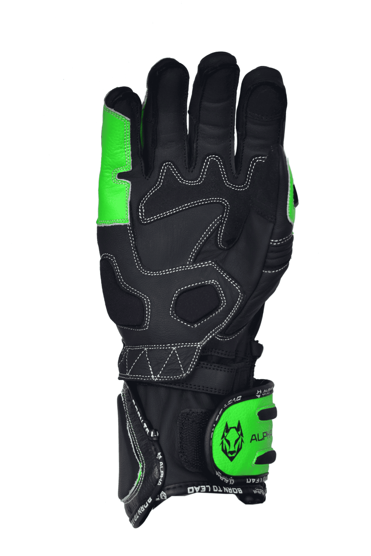 A single black motorcycle glove with bright neon green accents on the back of the hand and wrist strap, featuring white contrast stitching and a visible Alpha Wing brand logo.