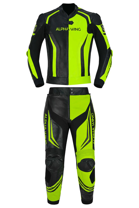 A two-piece motorcycle racing suit set consisting of a jacket and matching pants, featuring black leather panels and high-visibility neon yellow-green accents. The brand name 'ALPHA WING' is clearly printed on the chest and thighs.