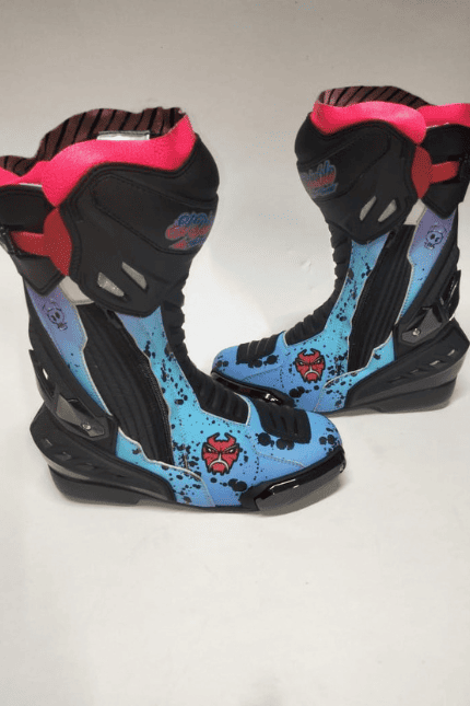 custom made motorcycle boots, in black blue, or pink color motorcycle biker boots