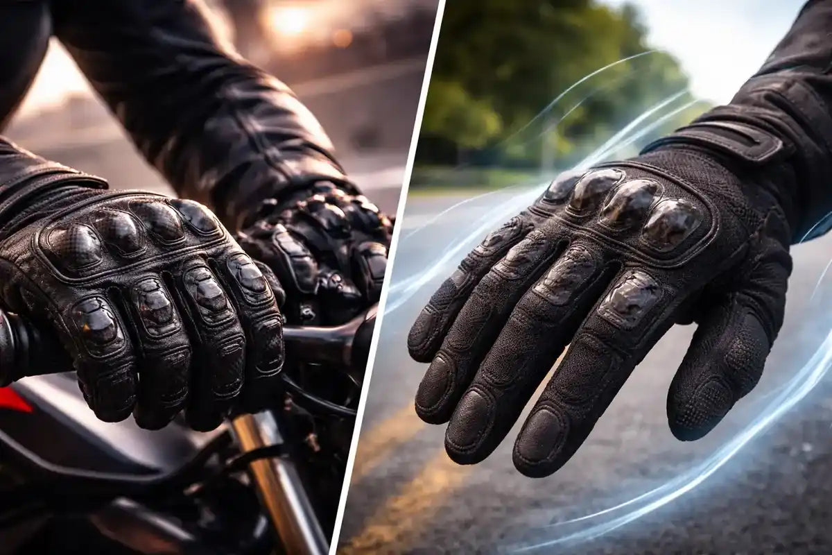 Black leather motorcycle gloves with protective knuckle armor, shown worn on a rider's hands on a motorcycle and on a hand resting against an outdoor road background with blue light effects.