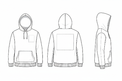 Prompt:

Three clean black-and-white technical vector line drawings of hoodies arranged side-by-side on a white background. No shading. Left: Front view with dashed outlines on the chest and pocket. Middle: Back view with a large dashed outline on the back. Right: Side view with a dashed outline along the sleeve.