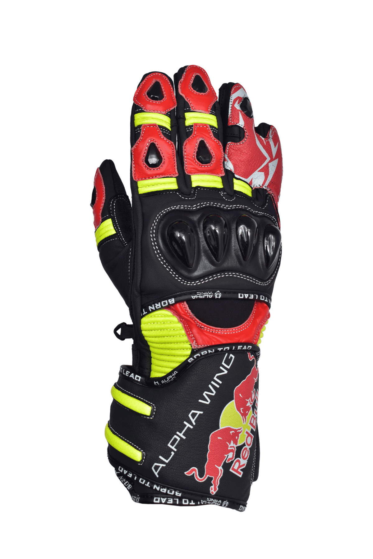 A single motorcycle racing glove by Alpha Winds, featuring a black leather base with red and neon yellow accents, protective knuckle pads, and the Red Bull logo on the back of the hand.