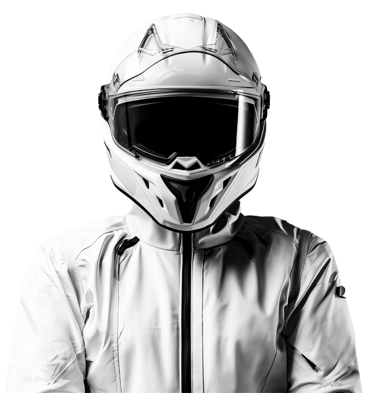 Person wearing a white futuristic motorcycle helmet and matching jacket against a black background.