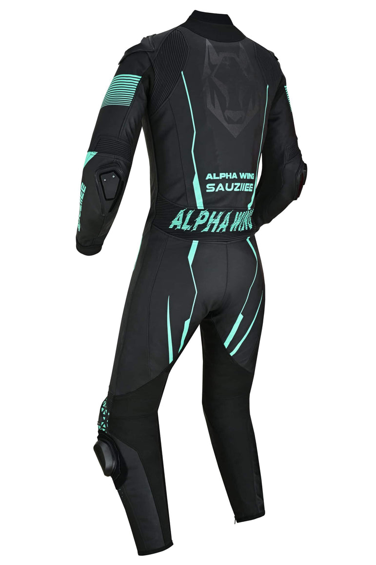 Back view of Sauz One leather racing suit showing hump and custom graphics