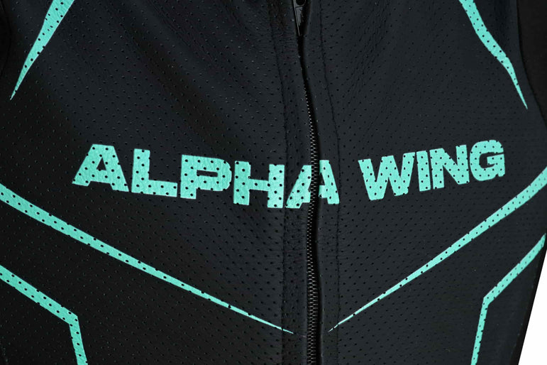 Close-up of perforated ventilation panels on Sauz One motorcycle racing suit chest