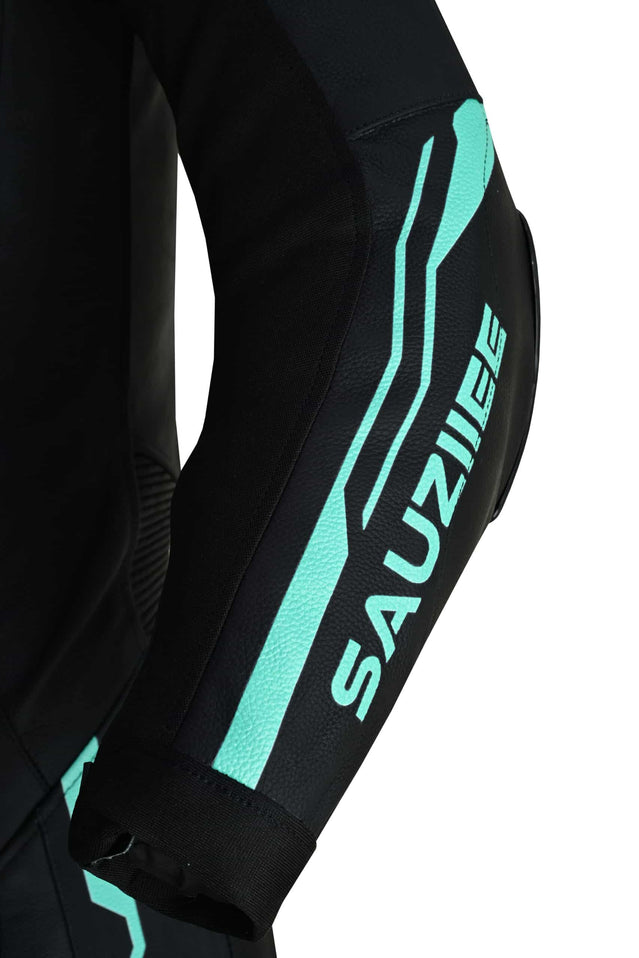 Knee slider and reinforced knee armor on Sauz One racing suit