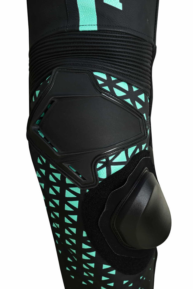 Sauz One one-piece racing suit in aggressive futuristic custom design, full length