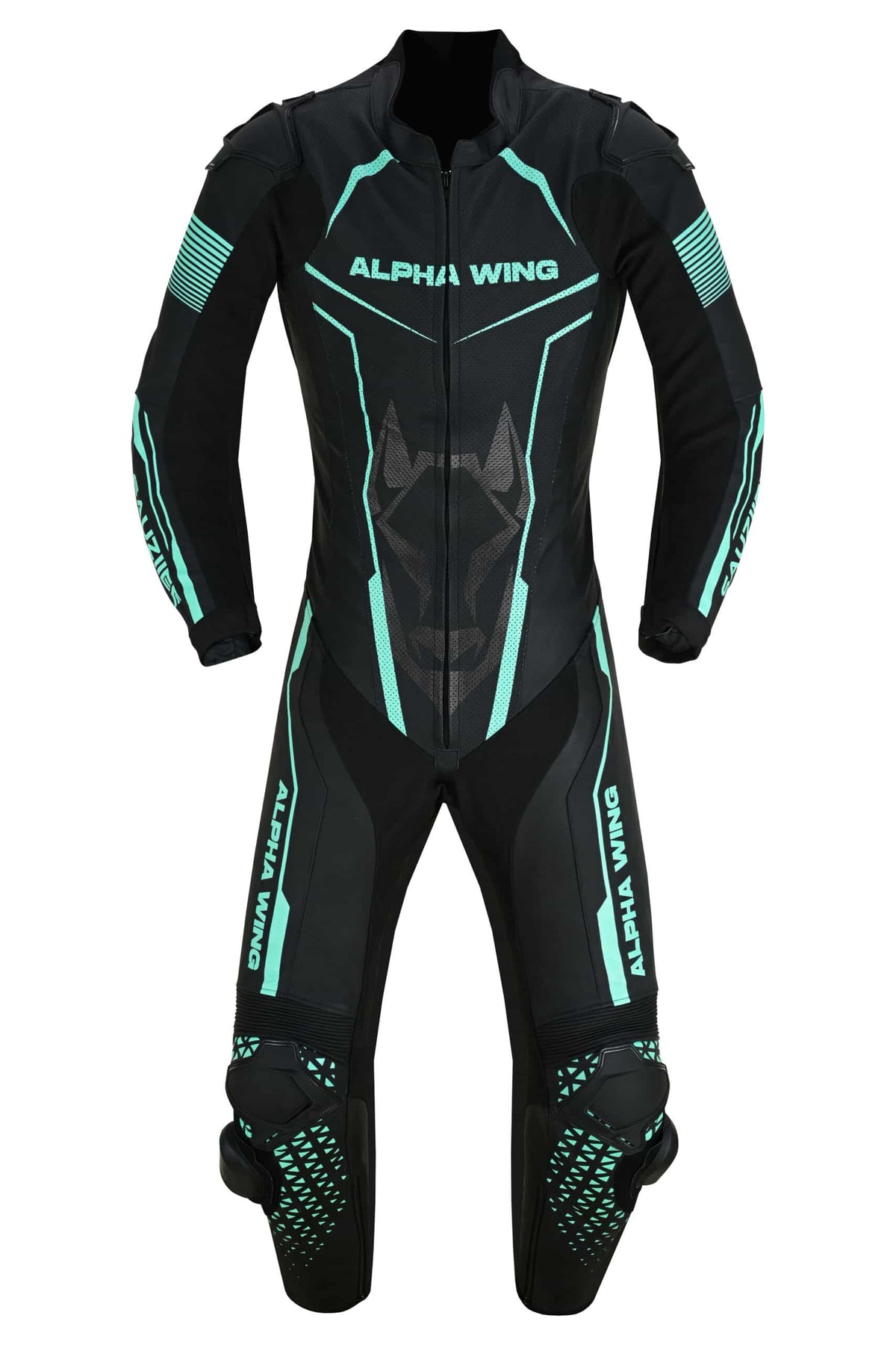 Detail of custom color palette and graphics on Sauz One SAUZIEE Edition racing suit