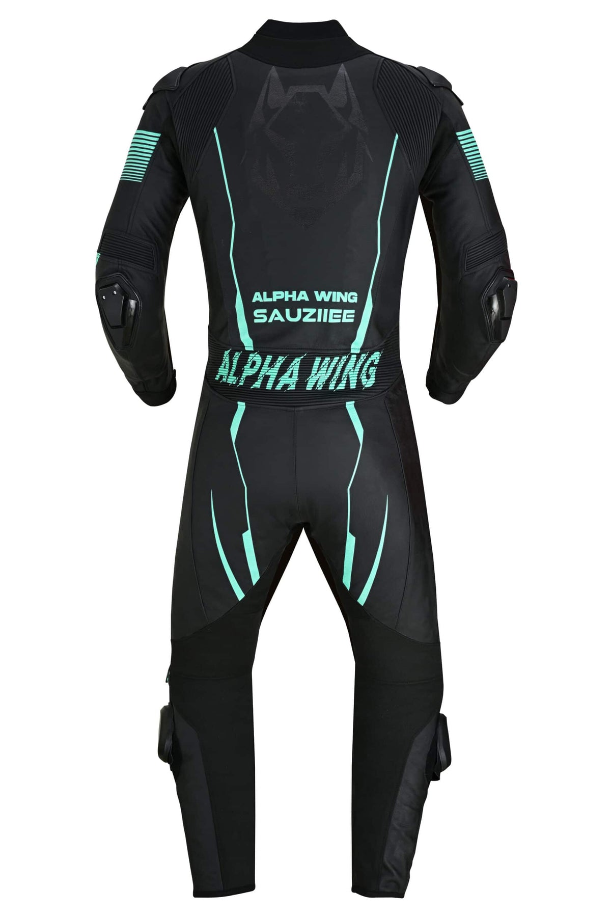 A black full-body racing suit with teal graphic accents and protective padding, shown from the back on a white background. The back features the text 'ALPHA WING SAUZIIE' in teal.