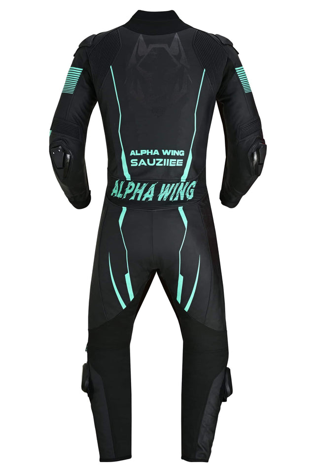 A black full-body racing suit with teal graphic accents and protective padding, shown from the back on a white background. The back features the text 'ALPHA WING SAUZIIE' in teal.